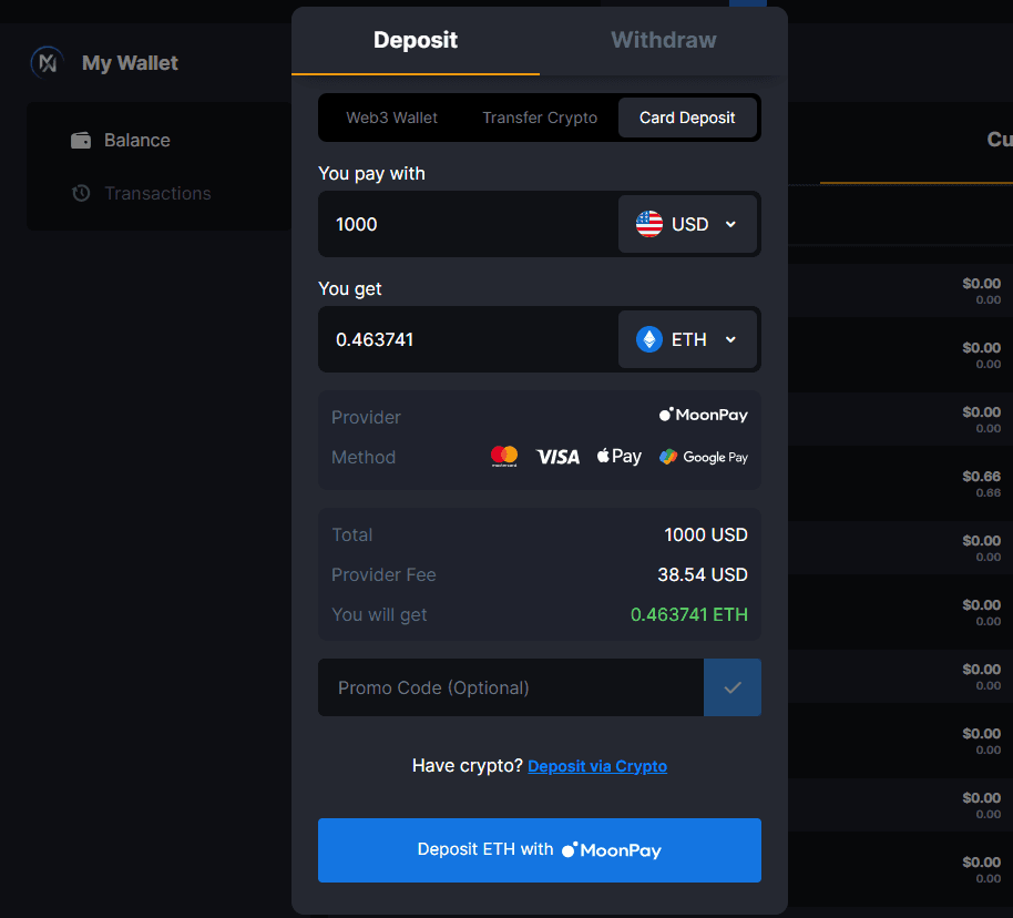 MoonPay Deposit Screen