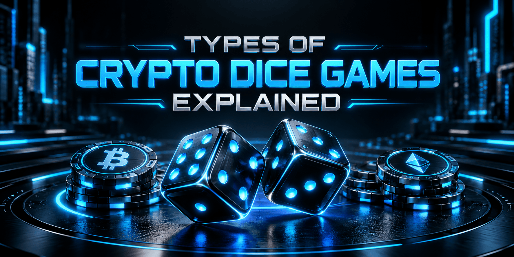 Types of crypto dice games explained, with glowing dice and crypto casino chips