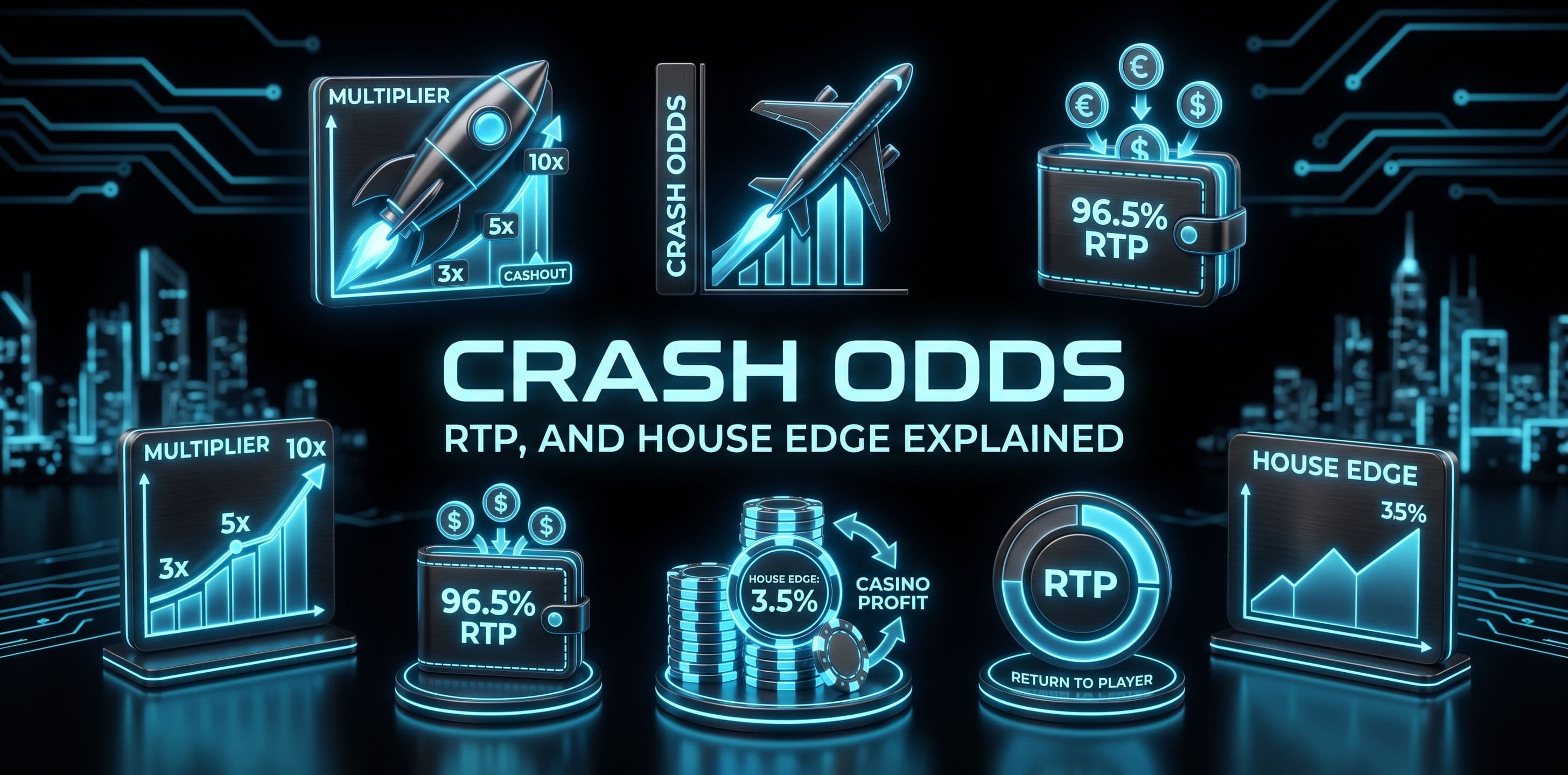 Crash odds, RTP, and house edge explained with multiplier charts and casino concepts