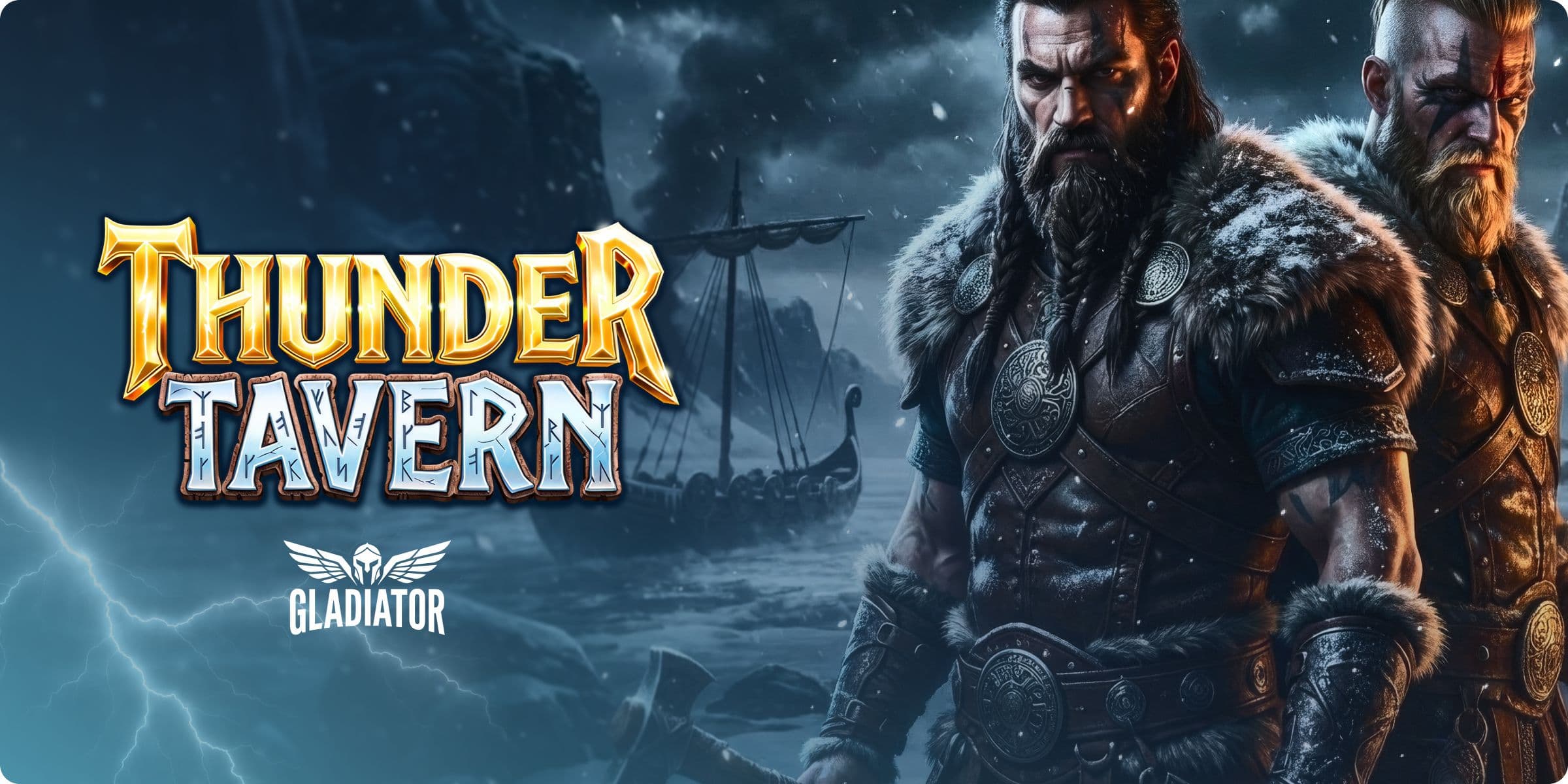 Thunder Tavern slot title screen with snowy Norse village and Gladiator Games logo